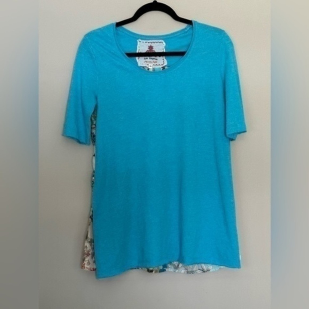 Johnny Was Blue Scoop Neck Split Hem Tee Shirt Size Small
